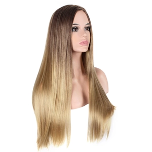 Close-up detail of smooth synthetic long straight hair with dark brown to blonde gradient