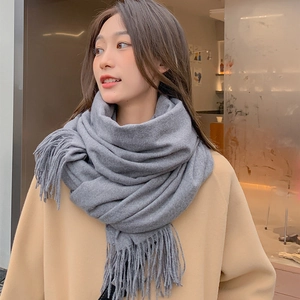 Detailed view of the soft grey scarf fabric texture and tassel fringe on a female model