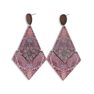 Bohemian geometric wooden dangle earrings with ethnic mandala pattern on white background