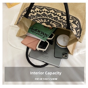 Ethnic linen tote bag showing spacious interior with iPad, phone, and daily essentials