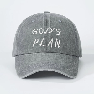 Vintage washed denim baseball cap in grey with God's Plan embroidery and adjustable strap