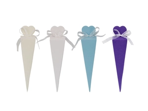 Detailed view of cone-shaped gift boxes with heart tops and ribbons for weddings