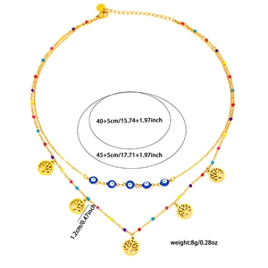 Double layer stainless steel tree of life and evil eye necklace with size specifications