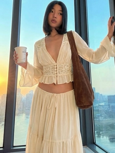 Elegant off-white lace chiffon set featuring V-neck top and drawstring long skirt for women