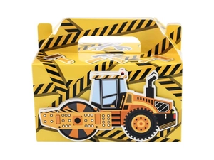 Construction party gift box featuring cartoon steam roller and yellow warning stripes