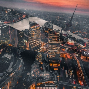 Artistic Shanghai skyline tapestry featuring Oriental Pearl Tower in a sunset aerial view