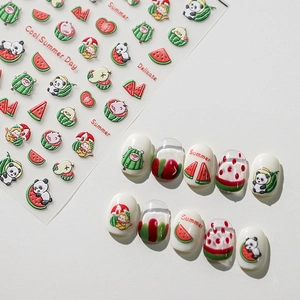 Summer Watermelon Nail Art Stickers Embossed Cartoon Panda Fruit Patterns Self Adhesive Manicure Decorations