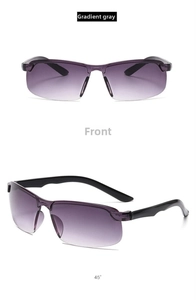 Dual view of rimless gradient grey sports sunglasses showing front and 45-degree angles