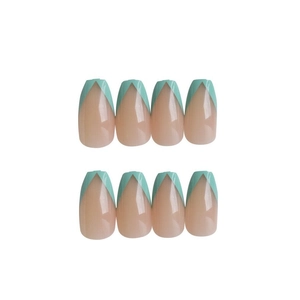 Nude and mint green French tip press-on nails in medium long trapezoid shape