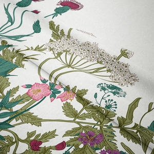 Detailed macro view of vintage floral botanical print on premium linen fabric tapestry