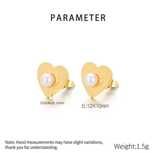 Dessin technique de boucles d'oreilles cœur dorées avec perles, dimensions 12x10mm