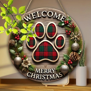 Wooden round Christmas door sign with red plaid dog paw and Welcome Merry Christmas text