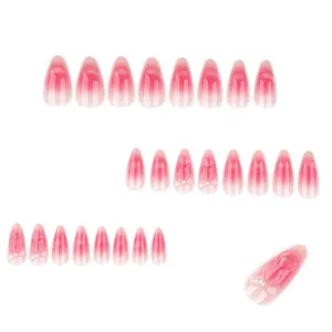 Faux ongles dégradé rose avec nœuds 3D et perles, kit de 24 pièces