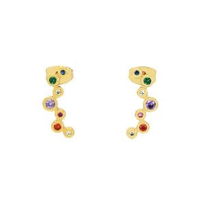 Colorful zircon faceted stud earrings with rainbow gemstones in gold setting for women