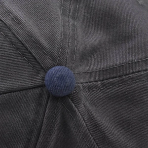 Close-up of the washed cotton crown and blue top button on the New York baseball cap