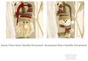 Detail of Christmas Santa and Snowman door hangers made of soft knitted fabric