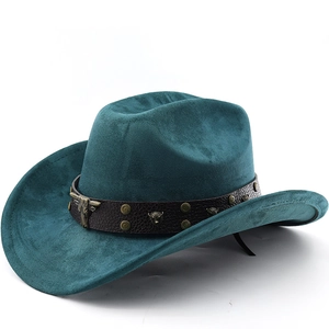 Western Cowboy Hat Faux Suede Wide Brim Vintage Ethnic Style With Metal Bull Head Rivet Leather Band Unisex