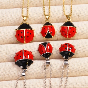 Red enamel beetle ladybug pendant necklaces with gold and silver chains for women