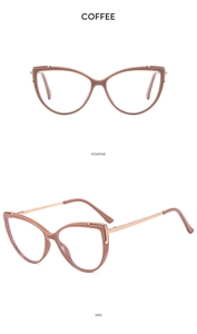 Detail views of coffee-colored cat-eye glasses frames in front and 45-degree side angles