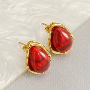 French style red resin teardrop earrings with gold plated stainless steel edges