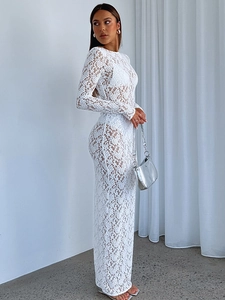 Elegant white lace long sleeve dress with floral patterns and transparent slim fit design