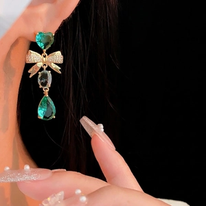 Elegant emerald green heart and bow drop earrings with waterdrop crystal pendant