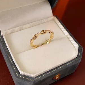 Elegant Chain Link Ring Gold Plated Copper Cubic Zirconia Adjustable Open Finger Jewelry Minimalist Luxury Style Women