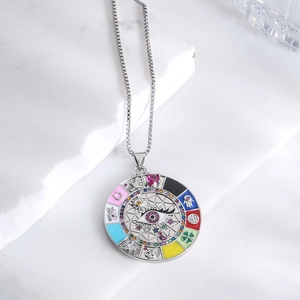 Bohemian silver evil eye pendant necklace with colorful enamel lucky symbols and zircons
