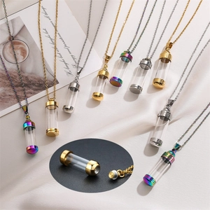 Openable Perfume Bottle Pendant Necklace Stainless Steel Glass Cylindrical Greek Pattern Memorial Cremation Urn Keepsake