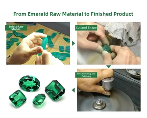 Detailed production steps of lab-grown emerald from raw stone to faceted square gemstone