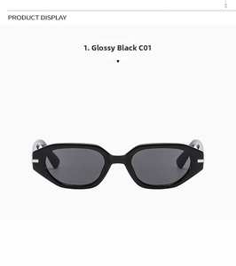 Detailed front view of shiny black cat-eye sunglasses with silver metal hinges