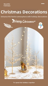 Champagne gold Christmas tree decorations with crystal beads on a snowy white background