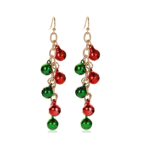 Detail view of festive Christmas bell drop earrings with red and green bells on gold chains