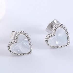 Elegant stainless steel heart stud earrings featuring white mother-of-pearl insets