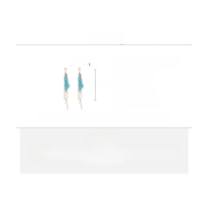 Detail of blue zircon tassel earrings showing 9cm length and silver needle material