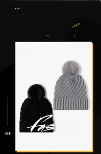 Detail showing jacquard texture and fluffy faux fur pom poms on knitted winter beanies