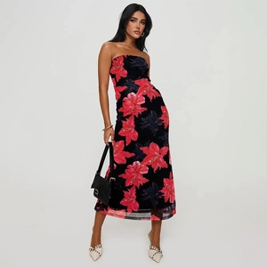 Sexy tube top floral dress in black and red, slim fit bodycon maxi dress for summer