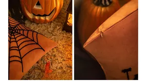 Detail of orange velvet Halloween pillow cover with spider web embroidery and hidden zipper