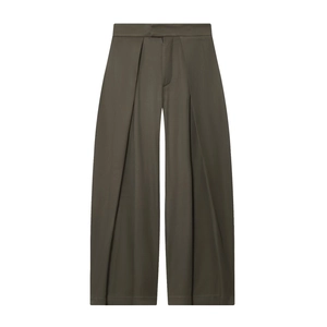 Dunkelolivgrüne hoch taillierte Hose mit weitem Bein und elegantem Faltenwurf in Mattoptik