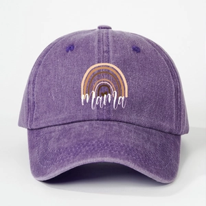 Washed dark purple baseball cap with rainbow Mama print for sun protection