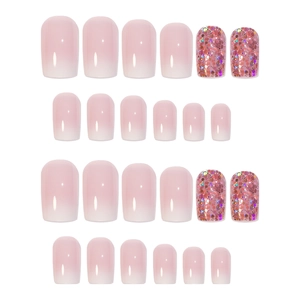 Pink ombre and glitter flake ballet square press-on nails set with glossy finish