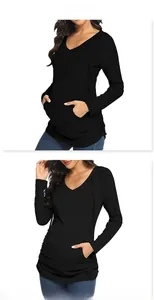 Detail view of maternity long sleeve hoodie featuring a V-neck and side ruched design