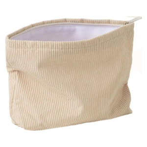 Large corduroy cosmetic bag in beige with metal zipper closure and soft textured finish