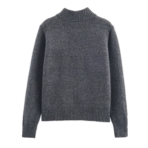 Dark grey mock neck knit cardigan with ribbed cuffs and hem on white background