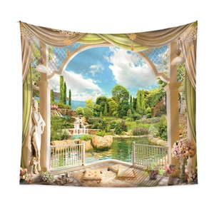 Detail of decorative landscape tapestry with European garden balcony and lake view print