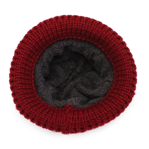 Warm winter knit hat for elderly women featuring thick dark grey fleece lining in burgundy