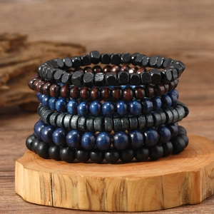 Retro Multi Layer Wood Bead Bracelet Set For Men Women Unisex Handmade Beaded Elastic Rope Stackable Jewelry Ethnic Gift