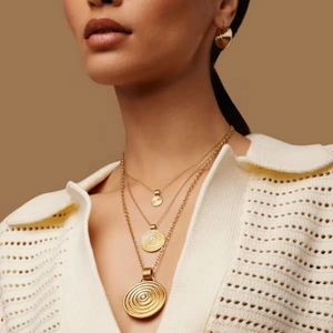 Three-layer gold titanium steel necklace and earring set with concentric circle pendants