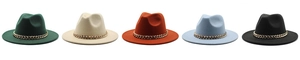 Row of wide-brim felt fedora hats in five colors featuring decorative gold metal chains