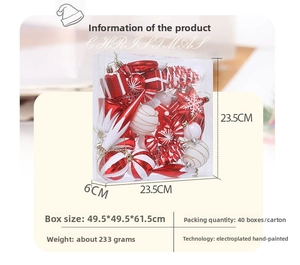 Detail of red and white Christmas ornaments set in transparent box with dimension markers